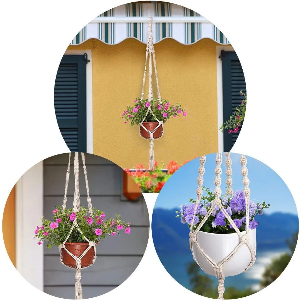 Cotton macramé hanging planter with potted plant