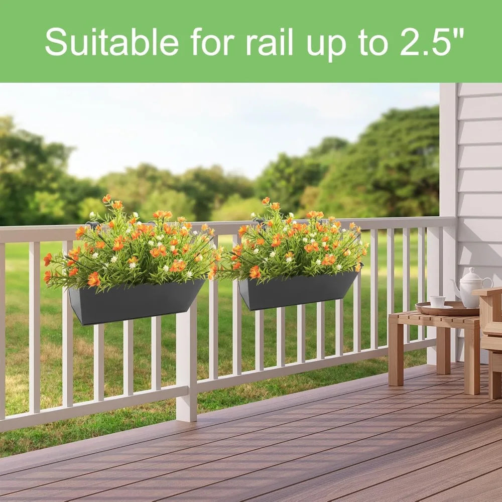 Close-up of a metal railing-mount planter box