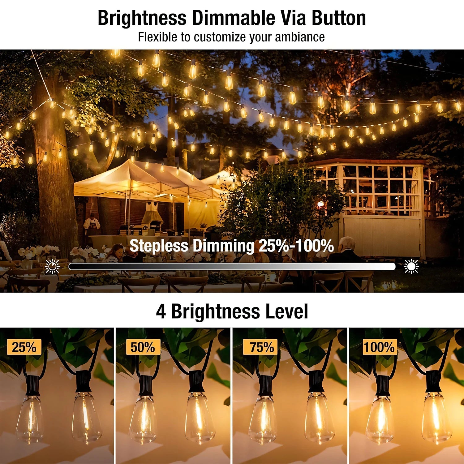 Outdoor solar-powered fairy lights strung along a railing