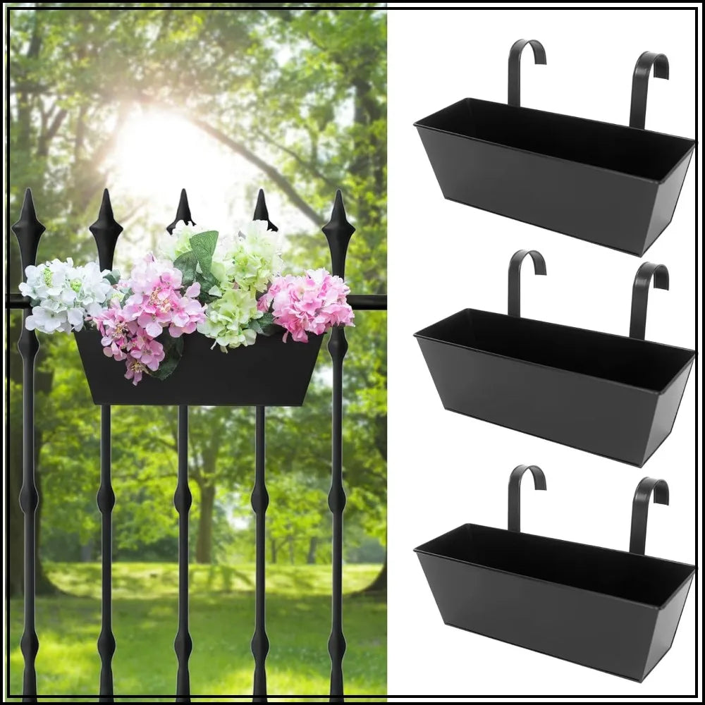 Balcony railing planter box set mounted on a railing with flowers