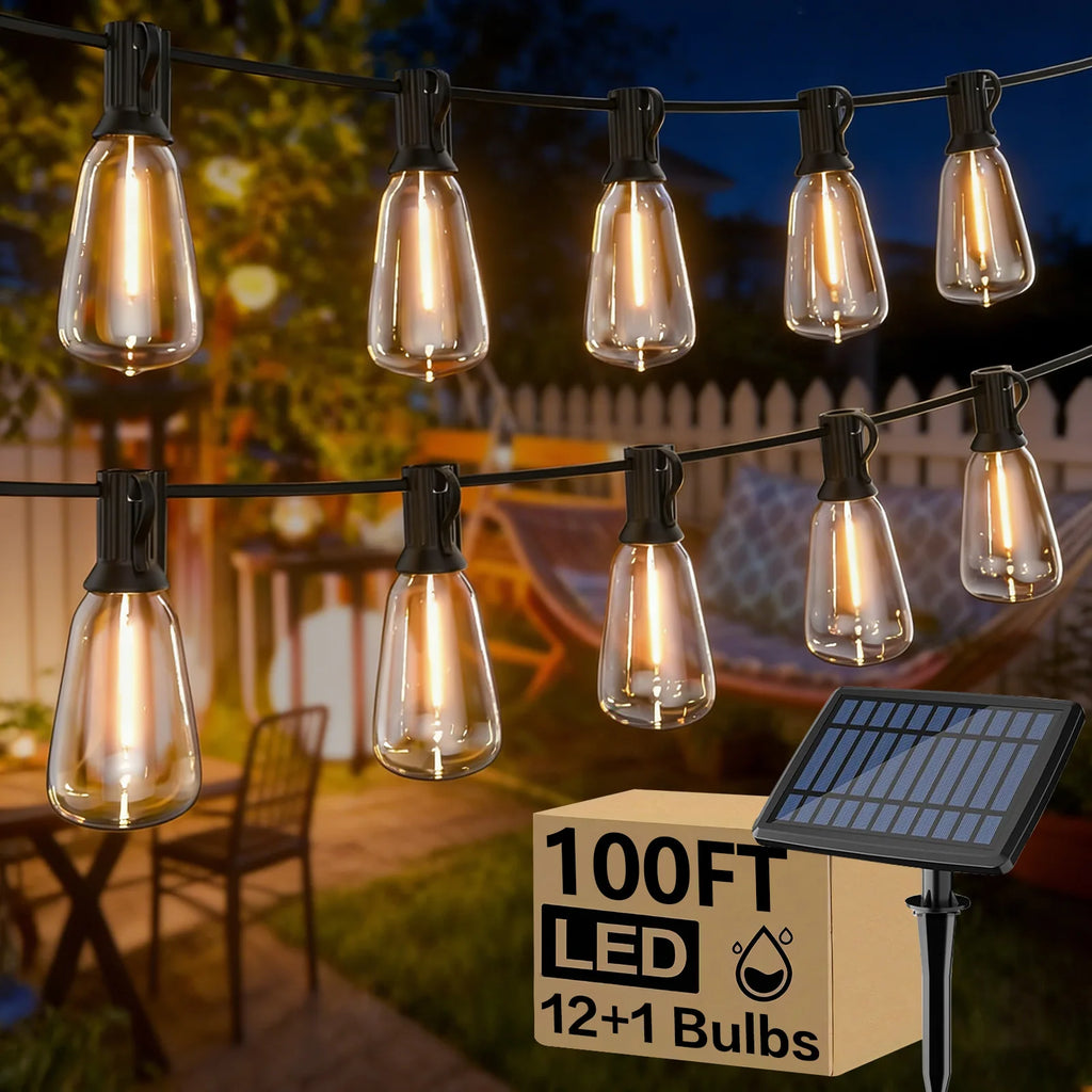 Solar string lights glowing warm white on a balcony at dusk