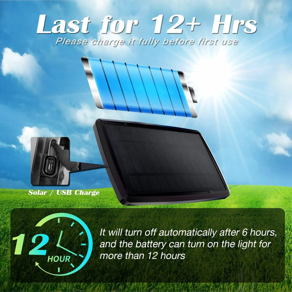 Solar panel and warm-white string lights for outdoor use