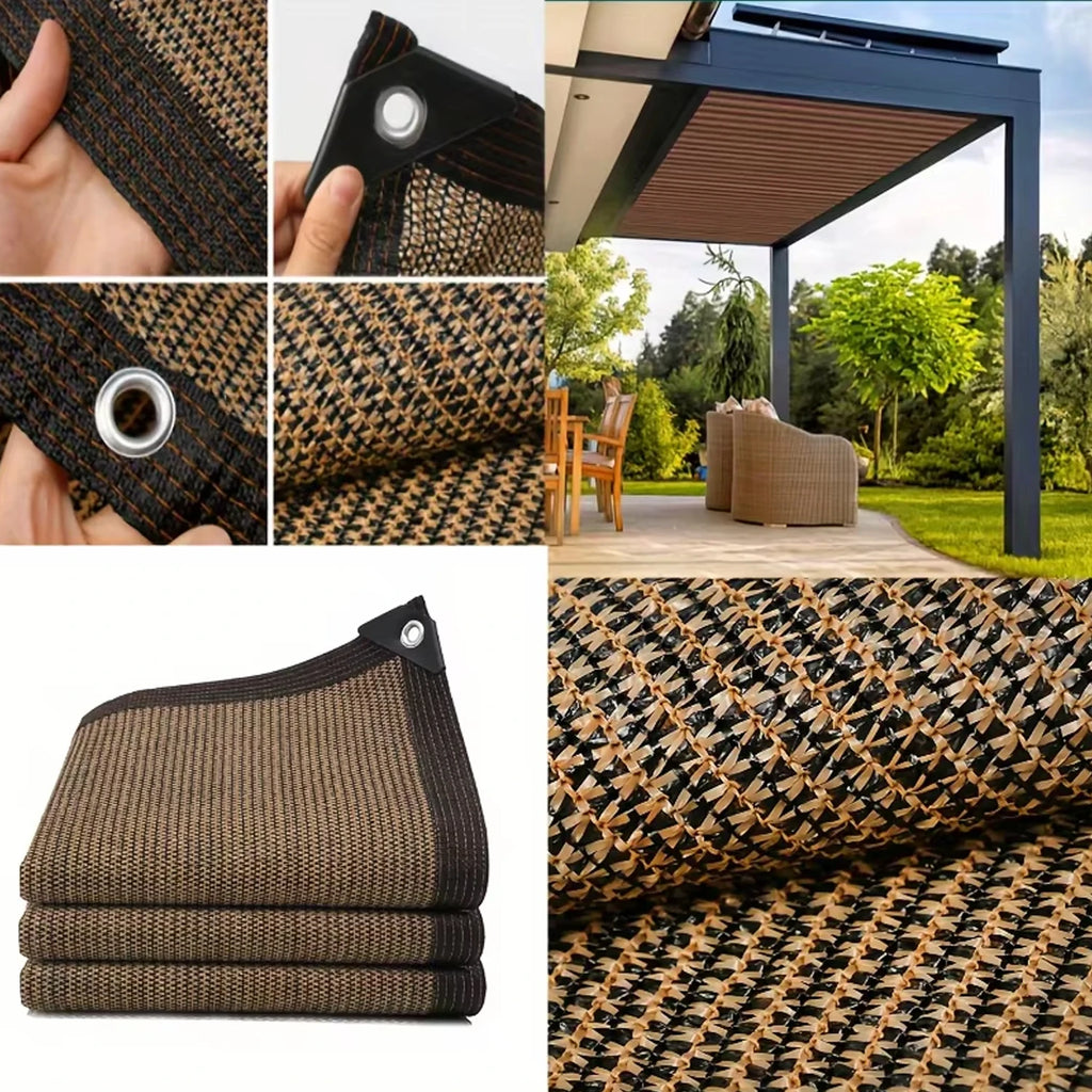 Close-up of balcony privacy screen with grommets and ties