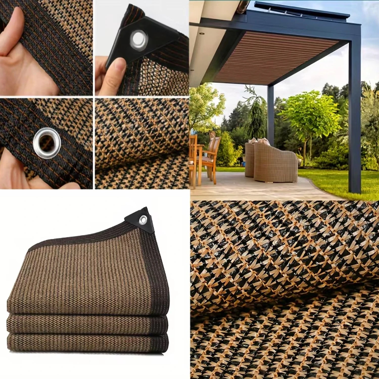 Close-up of balcony privacy screen with grommets and ties